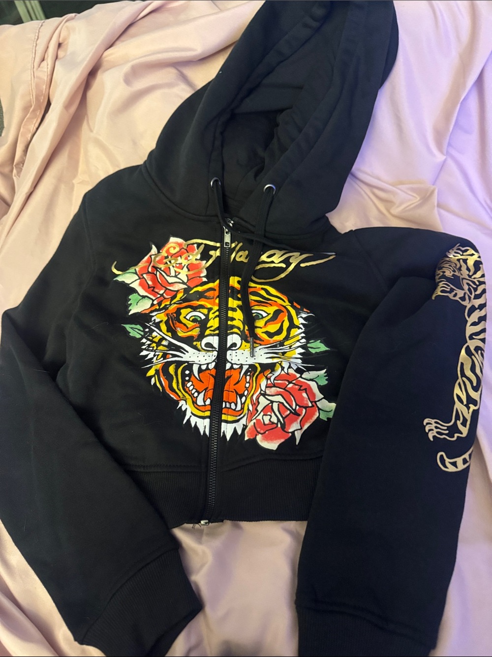 Ed Hart Black Cropped Zip Hoodie with Tiger & Rose Print size medium